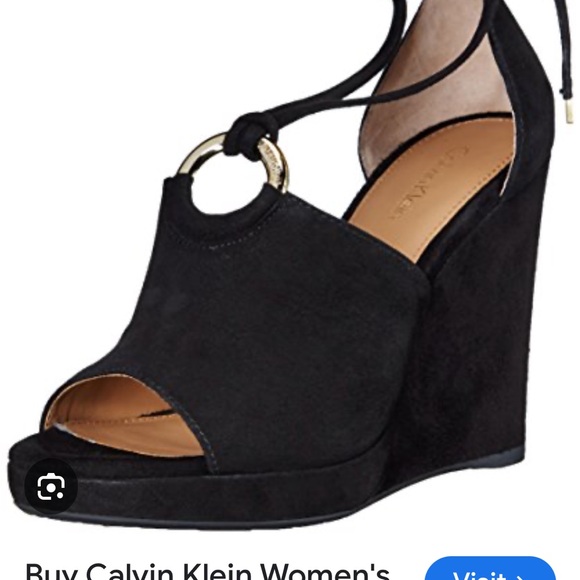 Calvin Klein Romona Black Sued Wedge Heels with Gold Ring and Ankle ties size 7 - Picture 1 of 11